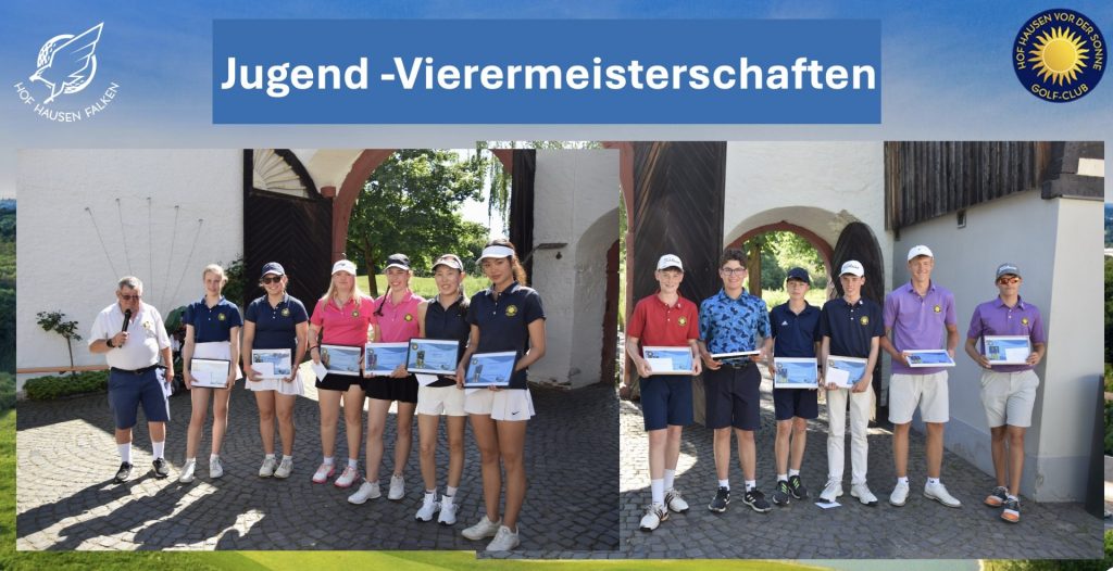 Gruppenfoto der Jugend-Vierermeisterschaften im Golfclub Hof Hausen vor der Sonne mit jungen Golferinnen und Golfern bei der Siegerehrung, die Urkunden und Preise präsentieren.