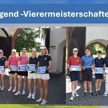 Gruppenfoto der Jugend-Vierermeisterschaften im Golfclub Hof Hausen vor der Sonne mit jungen Golferinnen und Golfern bei der Siegerehrung, die Urkunden und Preise präsentieren.