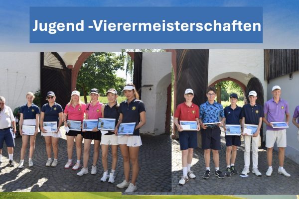 Gruppenfoto der Jugend-Vierermeisterschaften im Golfclub Hof Hausen vor der Sonne mit jungen Golferinnen und Golfern bei der Siegerehrung, die Urkunden und Preise präsentieren.