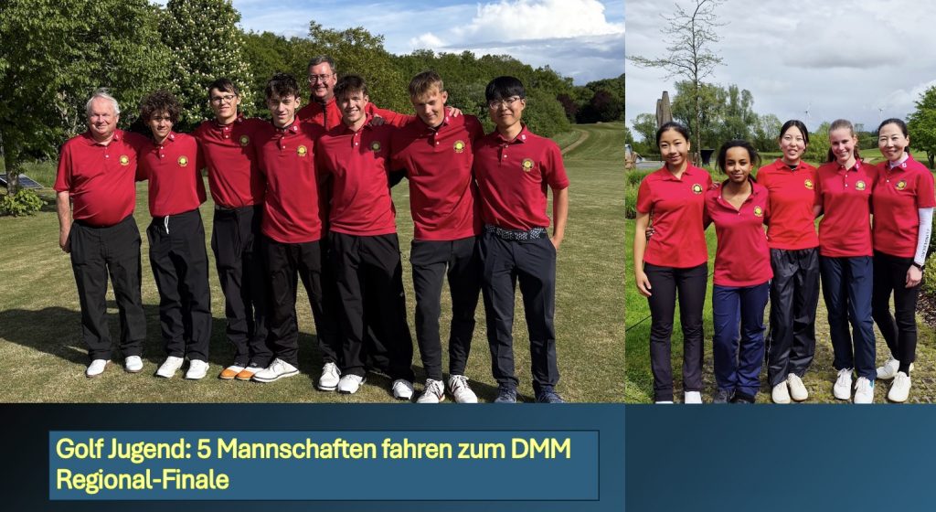 Die Jungen- und Mädchenmannschaften des Golf Club Hof Hausen vor der Sonne nach der erfolgreichen Qualifikation für das DMM-Regionalfinale. Beide Teams tragen einheitliche rote Poloshirts mit Clublogo.
