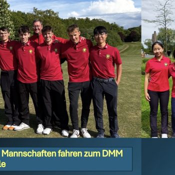 Die Jungen- und Mädchenmannschaften des Golf Club Hof Hausen vor der Sonne nach der erfolgreichen Qualifikation für das DMM-Regionalfinale. Beide Teams tragen einheitliche rote Poloshirts mit Clublogo.
