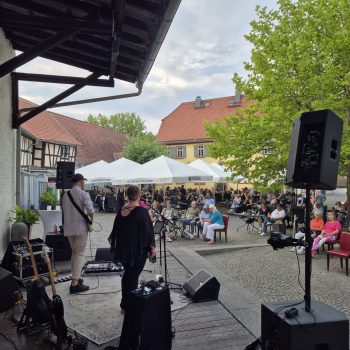 Die Band Stereo Coffee tritt auf einer Bühne auf der Hofinsel auf, während zahlreiche Gäste bei sommerlichem Wetter dem Konzert unter freiem Himmel lauschen.