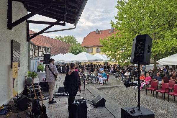 Die Band Stereo Coffee tritt auf einer Bühne auf der Hofinsel auf, während zahlreiche Gäste bei sommerlichem Wetter dem Konzert unter freiem Himmel lauschen.